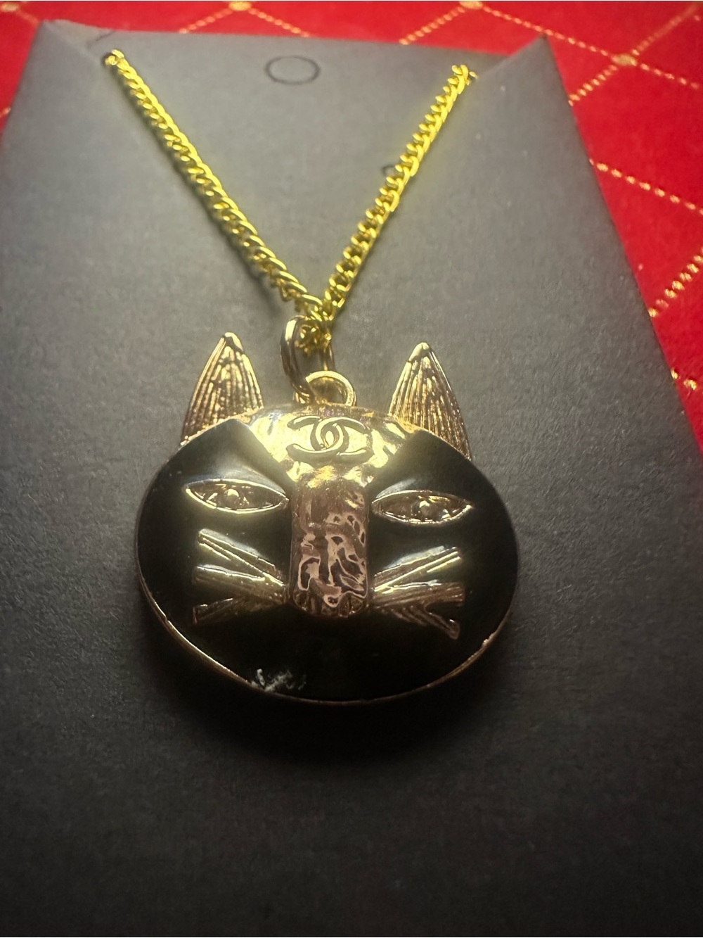 Gold and Black Cat Pendant Necklace - Designer Reworked buttons
